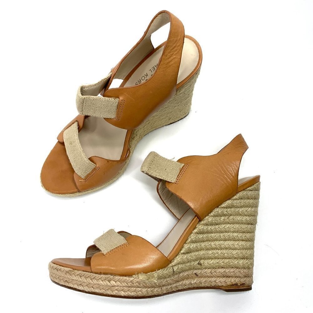 Michael Kors Windsor Platform Wedge Espadrille Sandals Tan Leather, Size 9M IOB - Picture 10 of 10